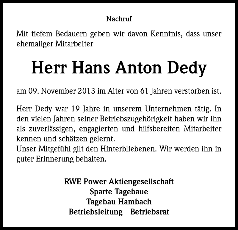  Traueranzeige für Hans Anton Dedy vom 18.11.2013 aus Kölner Stadt-Anzeiger / Kölnische Rundschau / Express