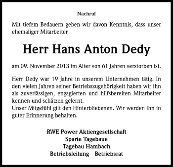 Anzeige von Hans Anton Dedy von Kölner Stadt-Anzeiger / Kölnische Rundschau / Express