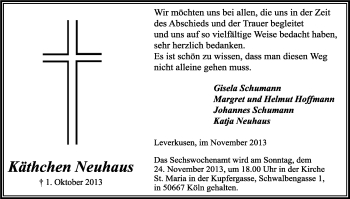 Anzeige von Käthchen Neuhaus von Kölner Stadt-Anzeiger / Kölnische Rundschau / Express