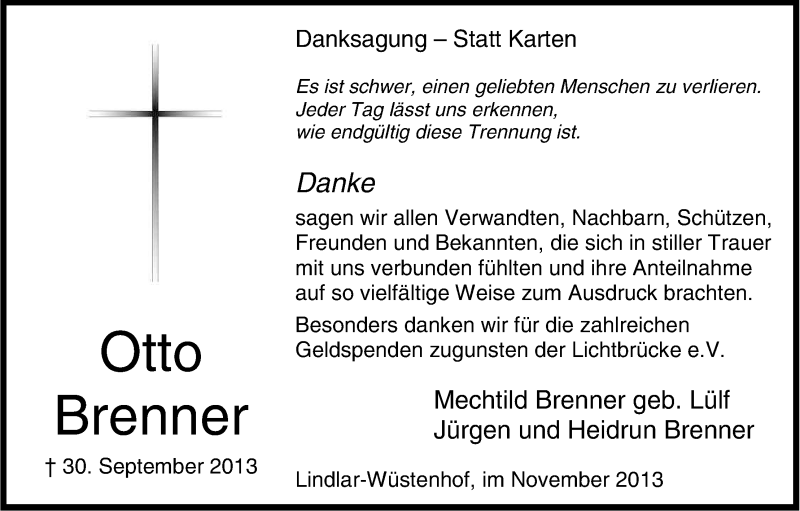  Traueranzeige für Otto Brenner vom 16.11.2013 aus Kölner Stadt-Anzeiger / Kölnische Rundschau / Express