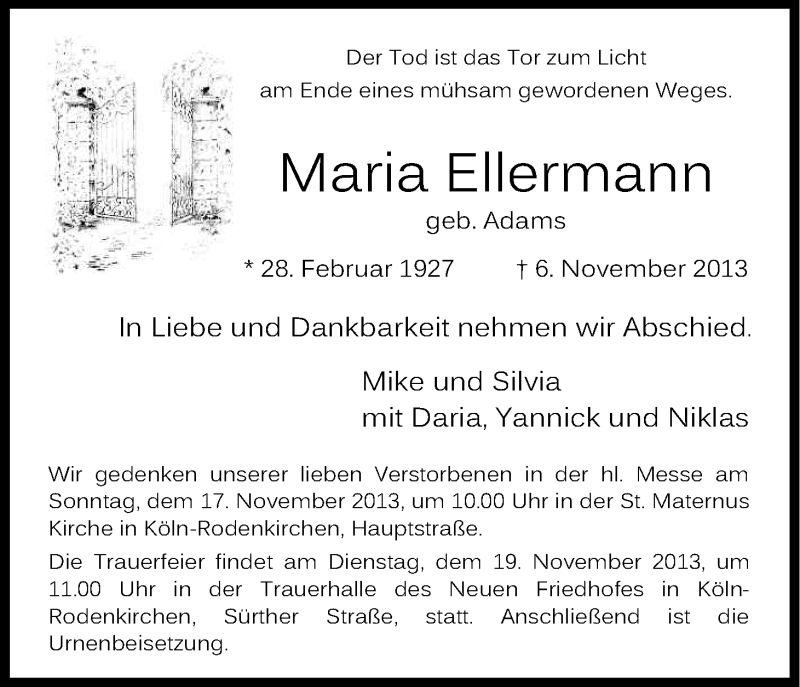  Traueranzeige für Maria Ellermann vom 16.11.2013 aus Kölner Stadt-Anzeiger / Kölnische Rundschau / Express