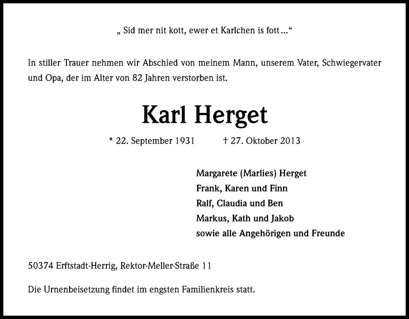  Traueranzeige für Karl Herget vom 20.11.2013 aus Kölner Stadt-Anzeiger / Kölnische Rundschau / Express