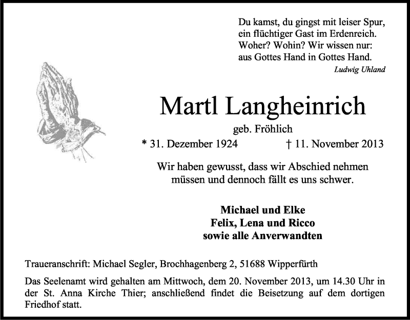 Traueranzeige für Martl Langheinrich vom 13.11.2013 aus Kölner Stadt-Anzeiger / Kölnische Rundschau / Express
