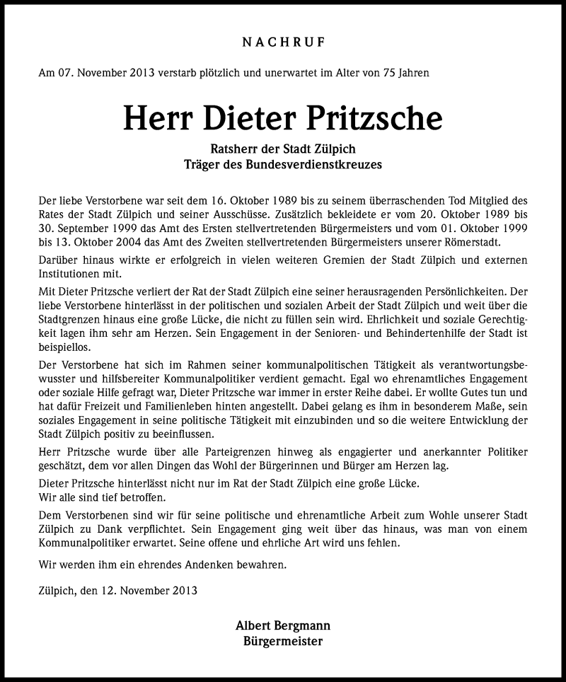 Traueranzeige für Dieter Pritzsche vom 13.11.2013 aus Kölner Stadt-Anzeiger / Kölnische Rundschau / Express