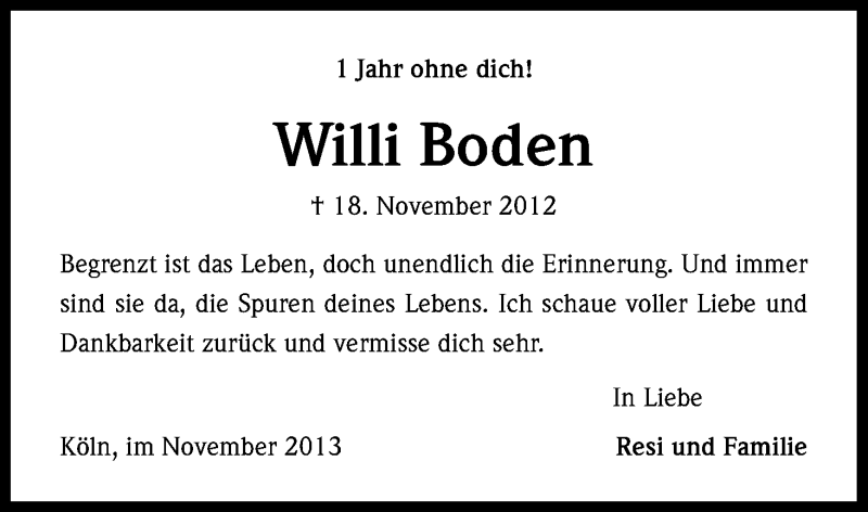  Traueranzeige für Willi Boden vom 16.11.2013 aus Kölner Stadt-Anzeiger / Kölnische Rundschau / Express
