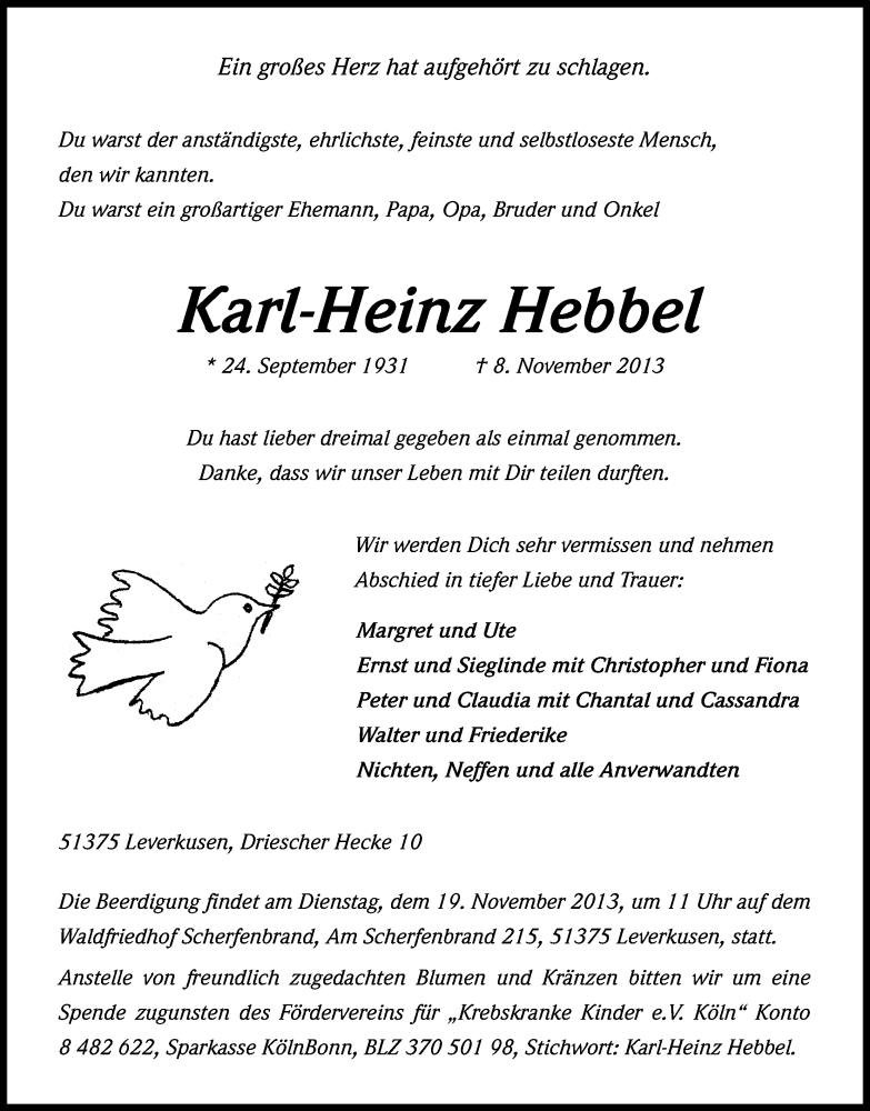  Traueranzeige für Karl-Heinz Hebbel vom 13.11.2013 aus Kölner Stadt-Anzeiger / Kölnische Rundschau / Express