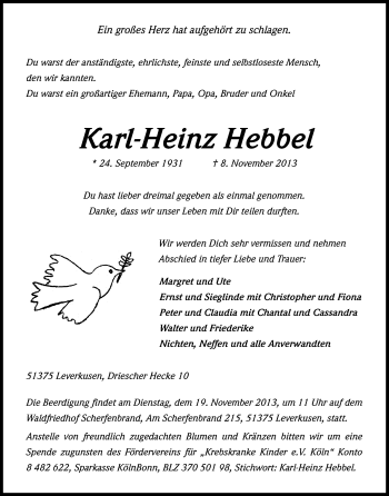 Anzeige von Karl-Heinz Hebbel von Kölner Stadt-Anzeiger / Kölnische Rundschau / Express