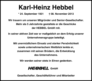 Anzeige von Karl-Heinz Hebbel von Kölner Stadt-Anzeiger / Kölnische Rundschau / Express