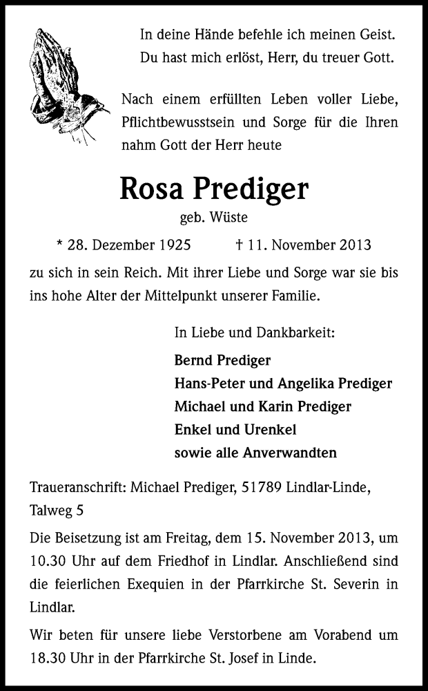  Traueranzeige für Rosa Prediger vom 13.11.2013 aus Kölner Stadt-Anzeiger / Kölnische Rundschau / Express