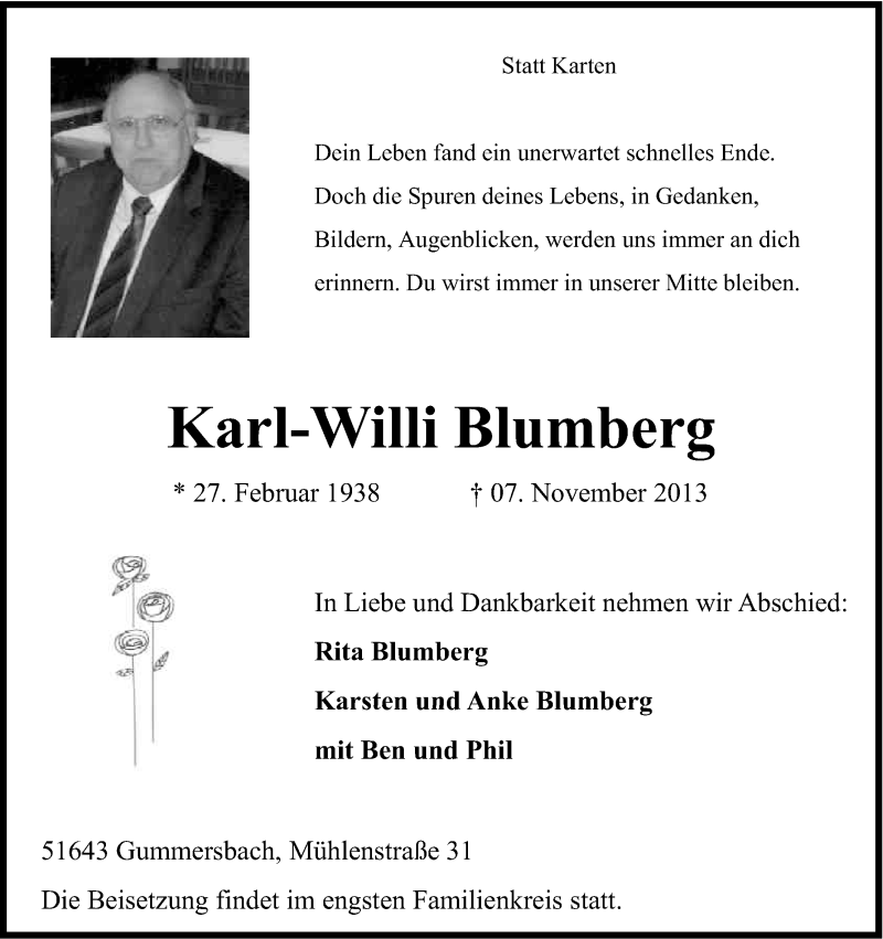 Traueranzeige für Karl-Willi Blumberg vom 13.11.2013 aus Kölner Stadt-Anzeiger / Kölnische Rundschau / Express