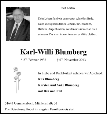 Anzeige von Karl-Willi Blumberg von Kölner Stadt-Anzeiger / Kölnische Rundschau / Express