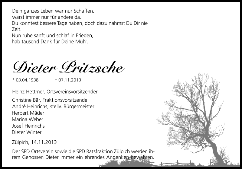  Traueranzeige für Dieter Pritzsche vom 14.11.2013 aus Kölner Stadt-Anzeiger / Kölnische Rundschau / Express