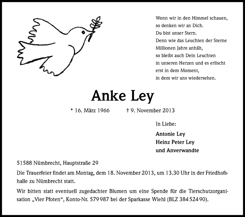  Traueranzeige für Anke Ley vom 13.11.2013 aus Kölner Stadt-Anzeiger / Kölnische Rundschau / Express