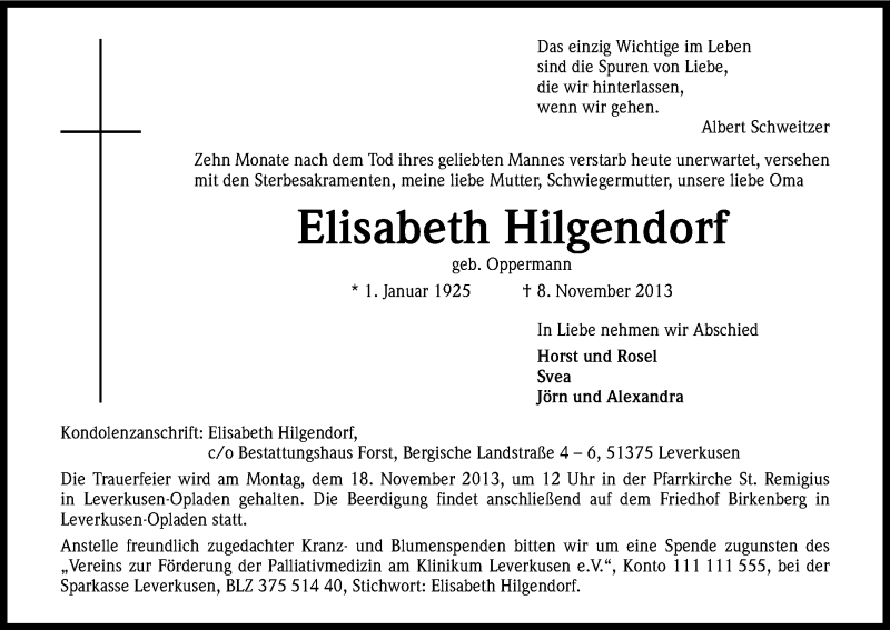  Traueranzeige für Elisabeth Hilgendorf vom 13.11.2013 aus Kölner Stadt-Anzeiger / Kölnische Rundschau / Express