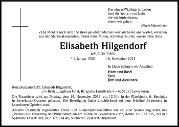 Anzeige von Elisabeth Hilgendorf von Kölner Stadt-Anzeiger / Kölnische Rundschau / Express