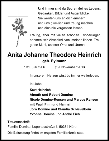 Anzeige von Anita Johanne Theodore Heinrich von Kölner Stadt-Anzeiger / Kölnische Rundschau / Express