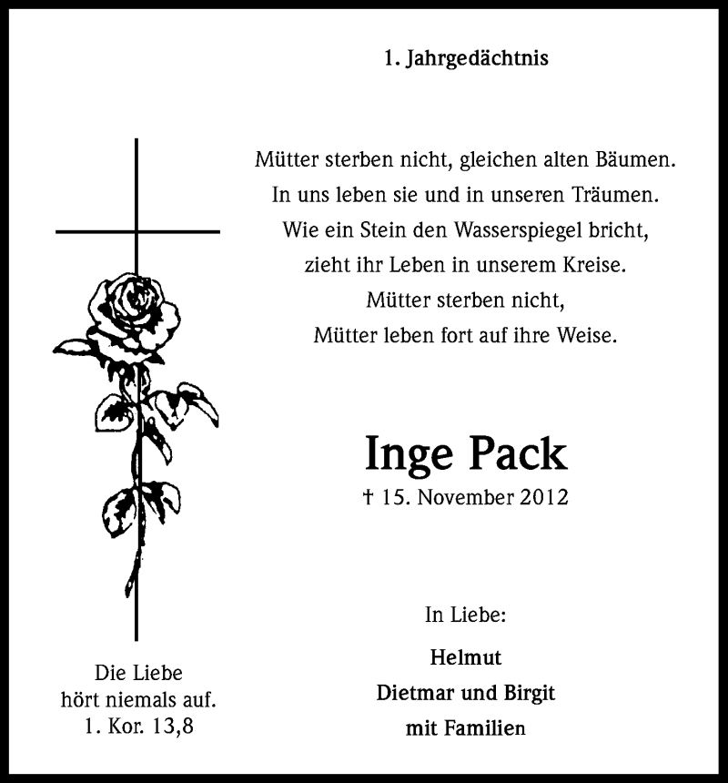  Traueranzeige für Inge Pack vom 15.11.2013 aus Kölner Stadt-Anzeiger / Kölnische Rundschau / Express