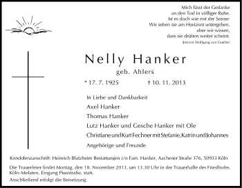 Anzeige von Nelly Hanker von Kölner Stadt-Anzeiger / Kölnische Rundschau / Express
