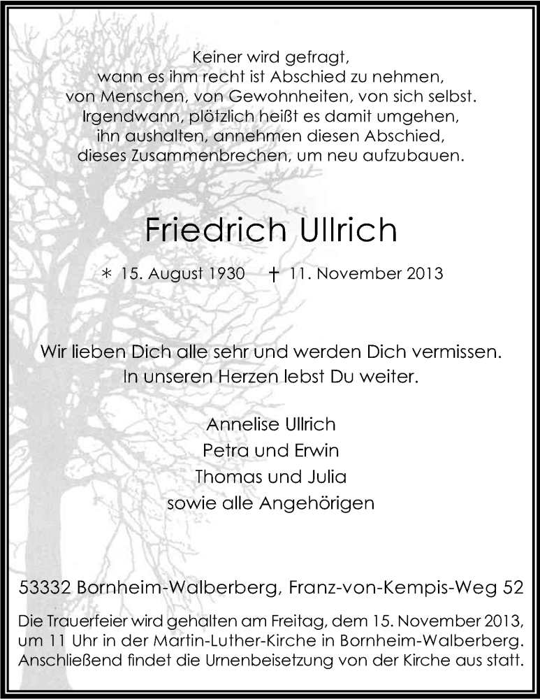  Traueranzeige für Friedrich Ullrich vom 13.11.2013 aus Kölner Stadt-Anzeiger / Kölnische Rundschau / Express