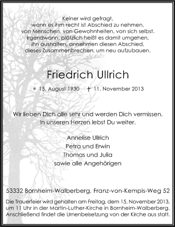 Anzeige von Friedrich Ullrich von Kölner Stadt-Anzeiger / Kölnische Rundschau / Express