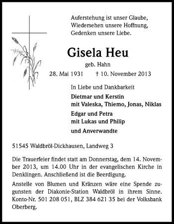 Anzeige von Gisela Heu von Kölner Stadt-Anzeiger / Kölnische Rundschau / Express