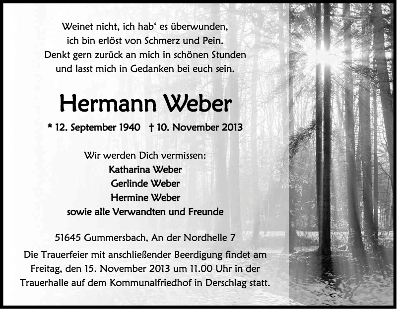  Traueranzeige für Hermann Weber vom 13.11.2013 aus Kölner Stadt-Anzeiger / Kölnische Rundschau / Express