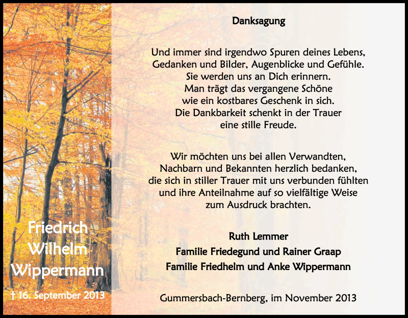  Traueranzeige für Friedrich Wilhelm Wippermann vom 16.11.2013 aus Kölner Stadt-Anzeiger / Kölnische Rundschau / Express