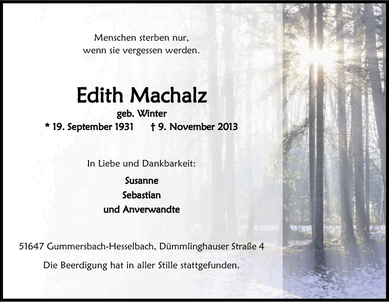  Traueranzeige für Edith Machalz vom 16.11.2013 aus Kölner Stadt-Anzeiger / Kölnische Rundschau / Express