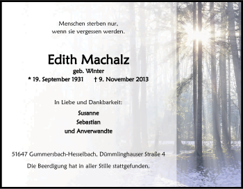 Anzeige von Edith Machalz von Kölner Stadt-Anzeiger / Kölnische Rundschau / Express