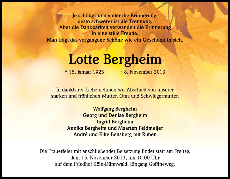  Traueranzeige für Lotte Bergheim vom 13.11.2013 aus Kölner Stadt-Anzeiger / Kölnische Rundschau / Express