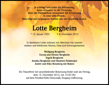 Anzeige von Lotte Bergheim von Kölner Stadt-Anzeiger / Kölnische Rundschau / Express