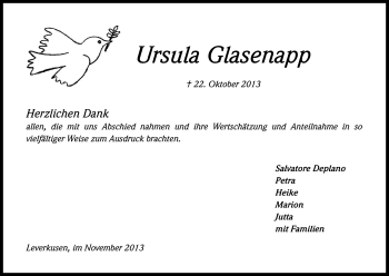 Anzeige von Ursula Glasenapp von Kölner Stadt-Anzeiger / Kölnische Rundschau / Express