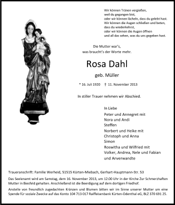 Anzeige von Rosa Dahl von Kölner Stadt-Anzeiger / Kölnische Rundschau / Express