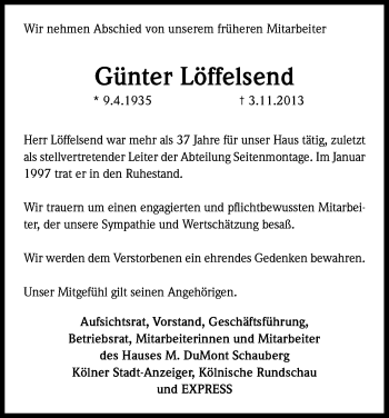 Anzeige von Günter Löffelsend von Kölner Stadt-Anzeiger / Kölnische Rundschau / Express