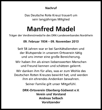 Anzeige von Manfred Madel von Kölner Stadt-Anzeiger / Kölnische Rundschau / Express