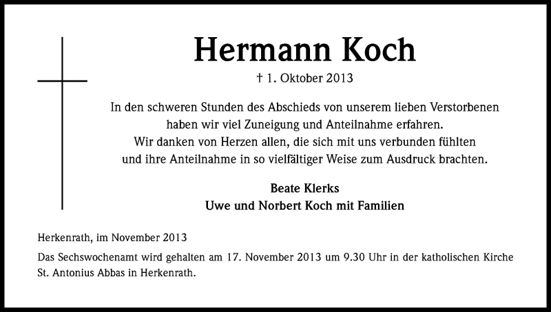 Traueranzeige für Hermann Koch vom 14.11.2013 aus Kölner Stadt-Anzeiger / Kölnische Rundschau / Express