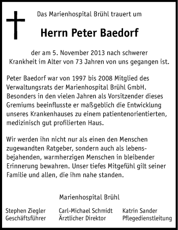 Anzeige von Peter Baedorf von Kölner Stadt-Anzeiger / Kölnische Rundschau / Express