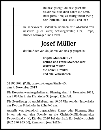Anzeige von Josef Müller von Kölner Stadt-Anzeiger / Kölnische Rundschau / Express