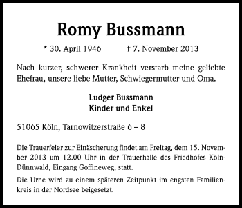 Anzeige von Rosemarie Bussmann von Kölner Stadt-Anzeiger / Kölnische Rundschau / Express