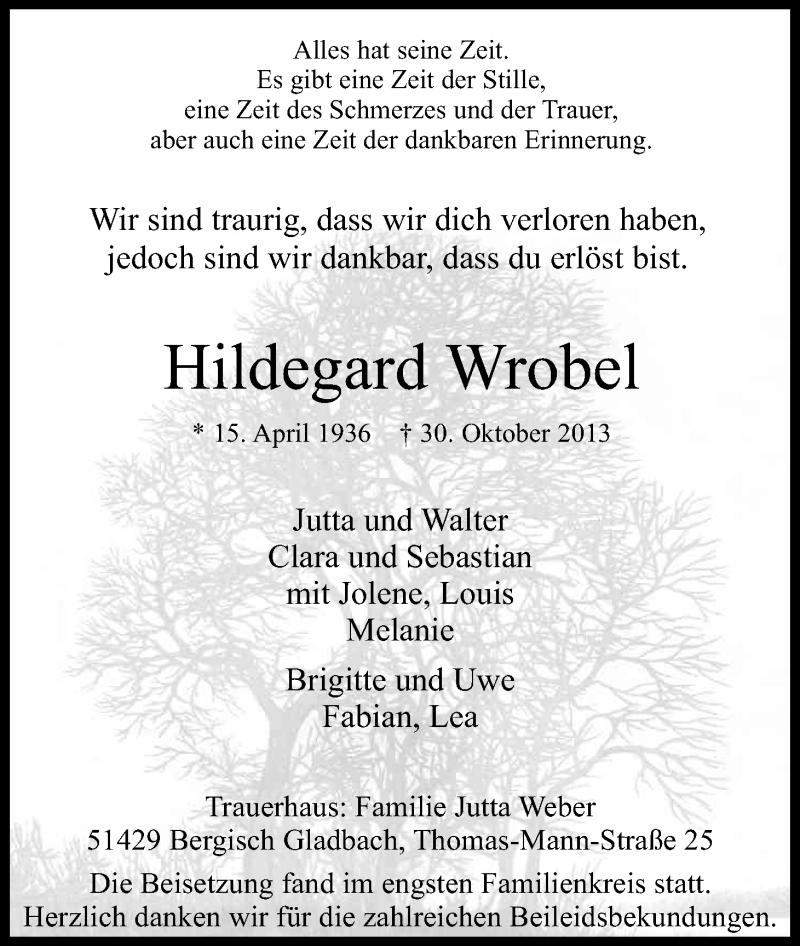  Traueranzeige für Hildegard Wrobel vom 16.11.2013 aus Kölner Stadt-Anzeiger / Kölnische Rundschau / Express