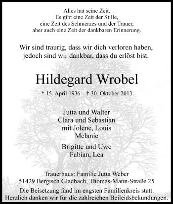 Anzeige von Hildegard Wrobel von Kölner Stadt-Anzeiger / Kölnische Rundschau / Express