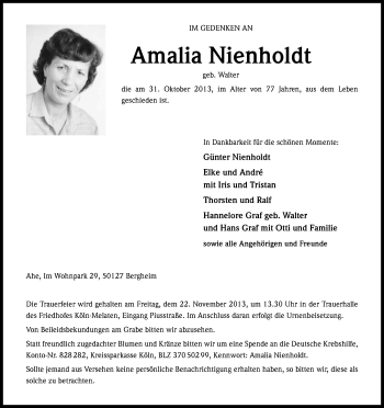 Anzeige von Amalia Nienholdt von Kölner Stadt-Anzeiger / Kölnische Rundschau / Express
