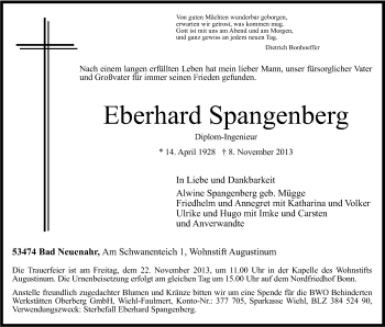 Anzeige von Eberhard Spangenberg von Kölner Stadt-Anzeiger / Kölnische Rundschau / Express