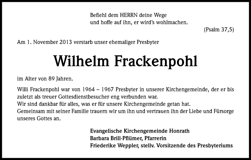  Traueranzeige für Wilhelm Frackenpohl vom 13.11.2013 aus Kölner Stadt-Anzeiger / Kölnische Rundschau / Express