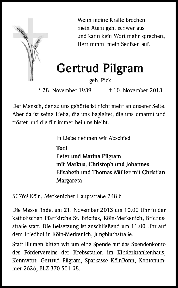  Traueranzeige für Gertrud Pilgram vom 16.11.2013 aus Kölner Stadt-Anzeiger / Kölnische Rundschau / Express