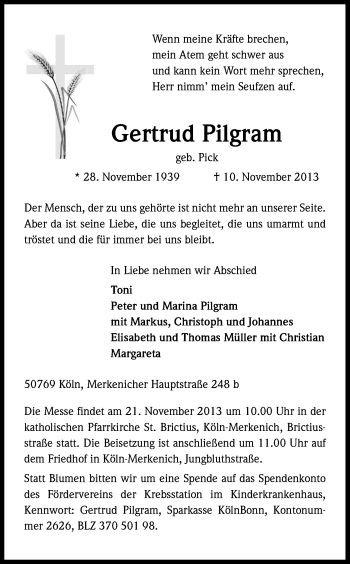 Anzeige von Gertrud Pilgram von Kölner Stadt-Anzeiger / Kölnische Rundschau / Express