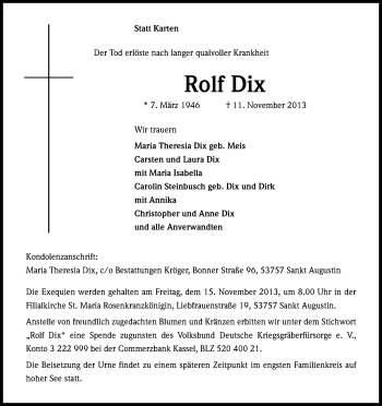 Anzeige von Rolf Dix von Kölner Stadt-Anzeiger / Kölnische Rundschau / Express