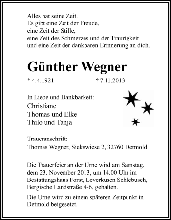 Anzeige von Günther Wegner von Kölner Stadt-Anzeiger / Kölnische Rundschau / Express