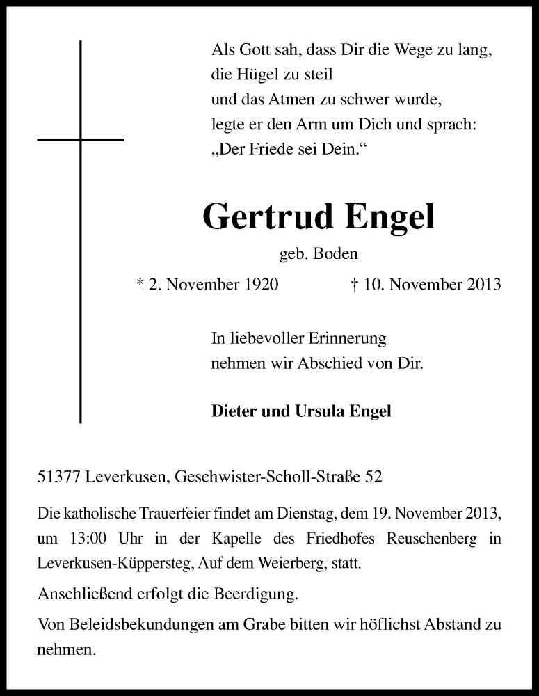  Traueranzeige für Gertrud Engel vom 16.11.2013 aus Kölner Stadt-Anzeiger / Kölnische Rundschau / Express