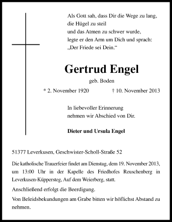 Anzeige von Gertrud Engel von Kölner Stadt-Anzeiger / Kölnische Rundschau / Express